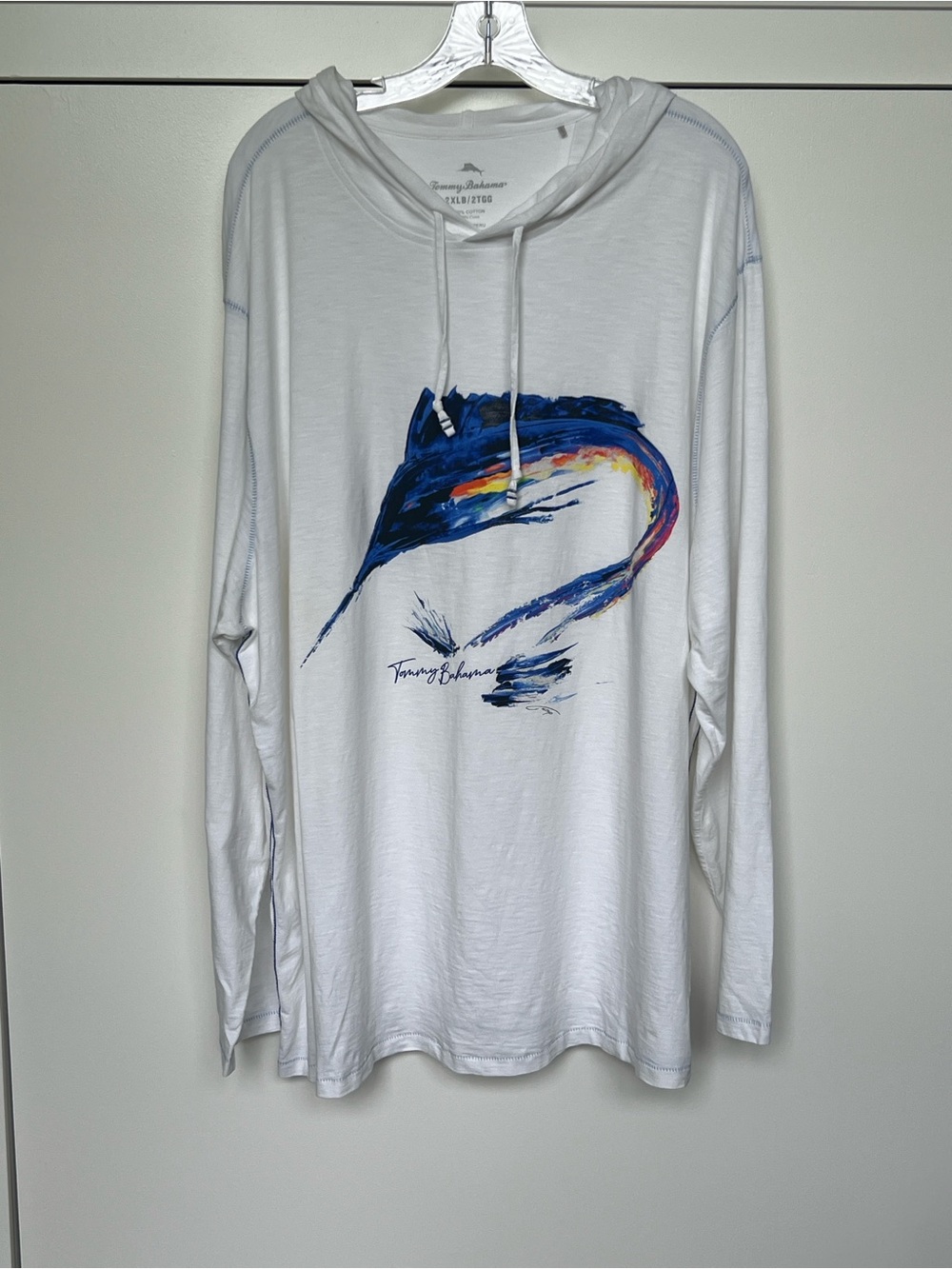 Tommy Bahama White Hooded Shirt with Blue Marlin Graphic
